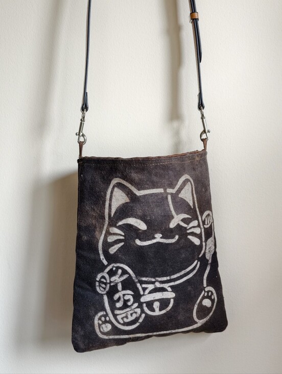 Handmade Handbags - Canvas Lucky Cat Crossbody Bag in Dark Brown
